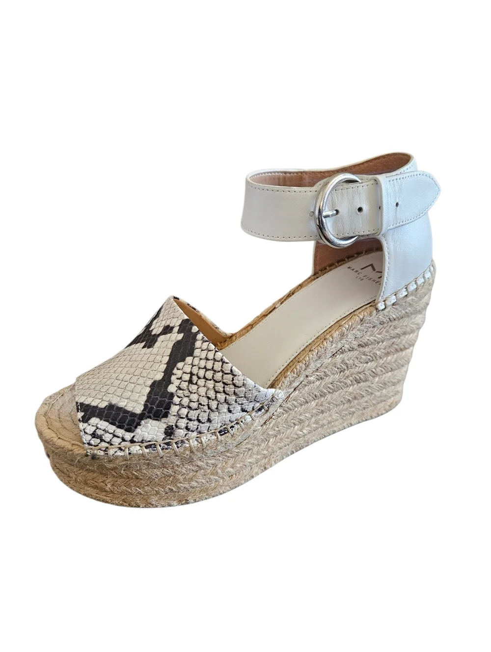 Marc Fisher Alida White Snakeskin Print Leather Espadrille Wedge Sandals Size 8